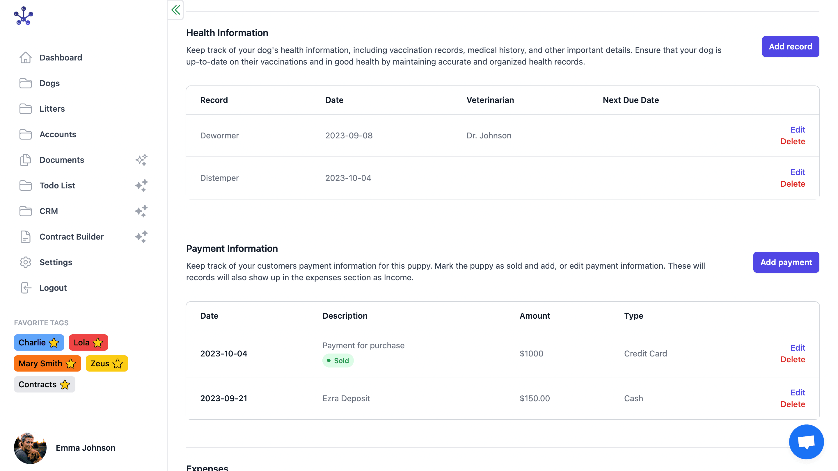 Puppy Health and Payments